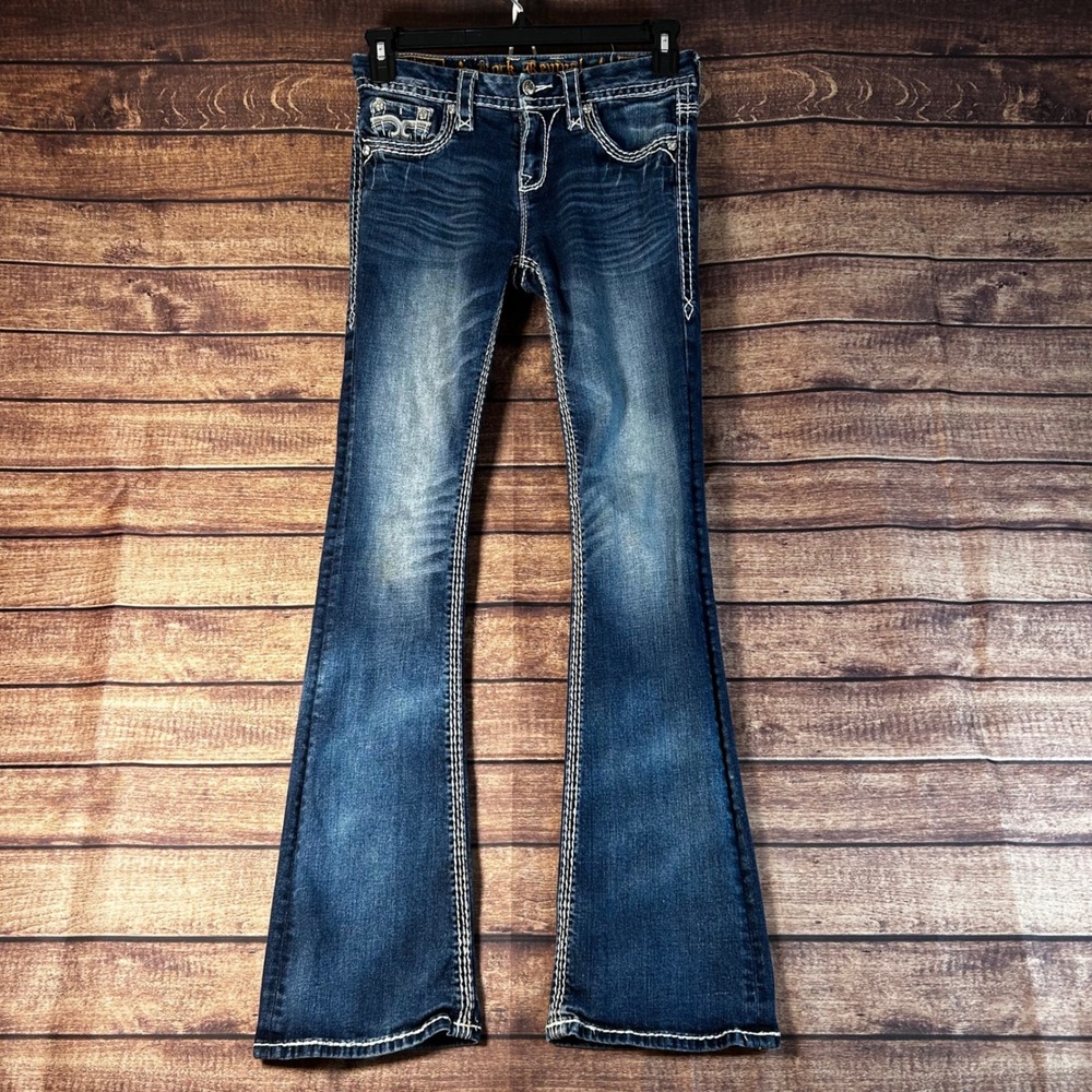 Rock Revival Raizel Mid-Rise Bootcut Jeans Embroidered Rhinestone Stretch Sz 28